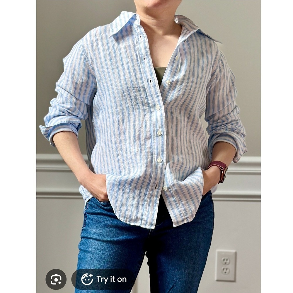 Banana republic classic linen shirt preppy academia button down striped XL